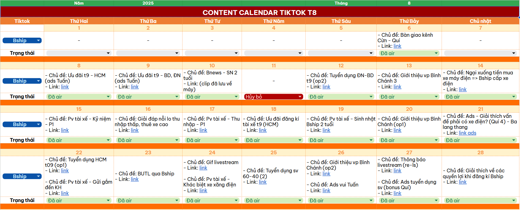 TikTok content calendar for August