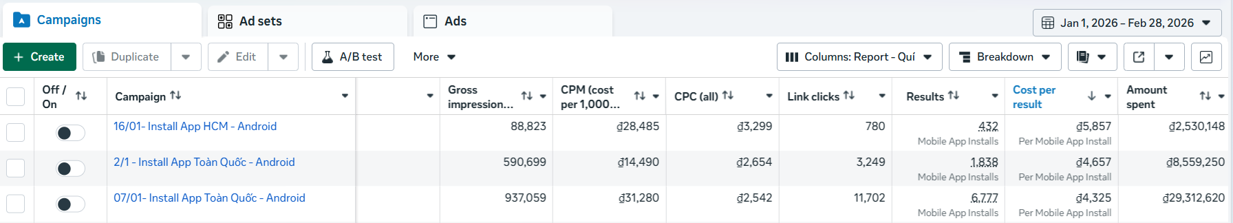 Meta Ads Manager, Jan 1 – Feb 28 2026 install campaigns