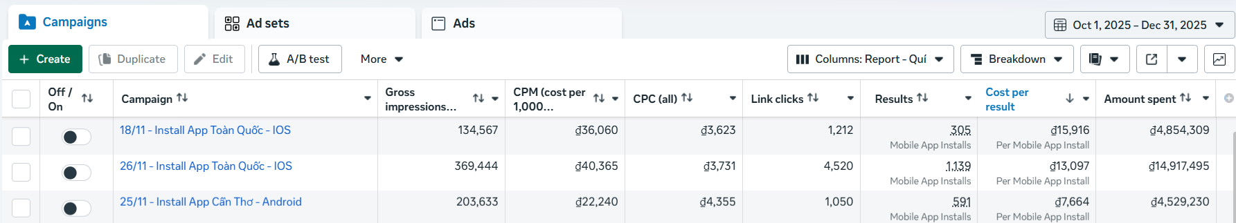 Meta Ads Manager, Oct 1 – Dec 31 2025 install campaigns