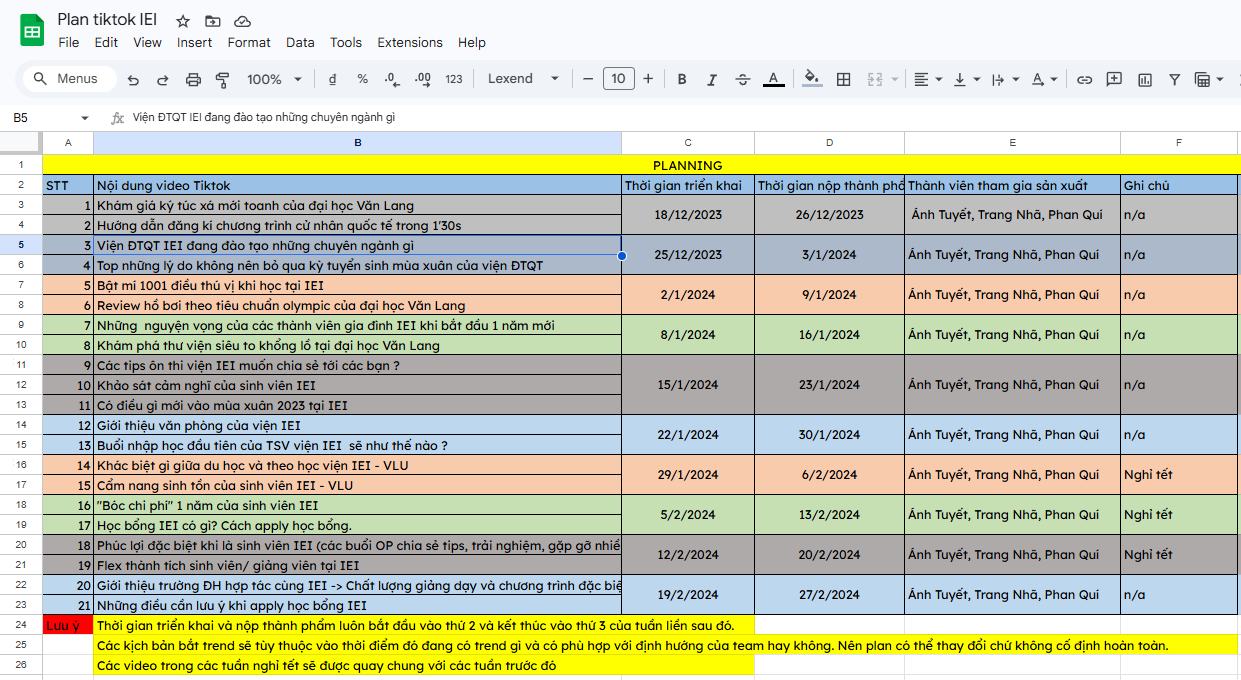 TikTok content planning sheet with topics and deadlines