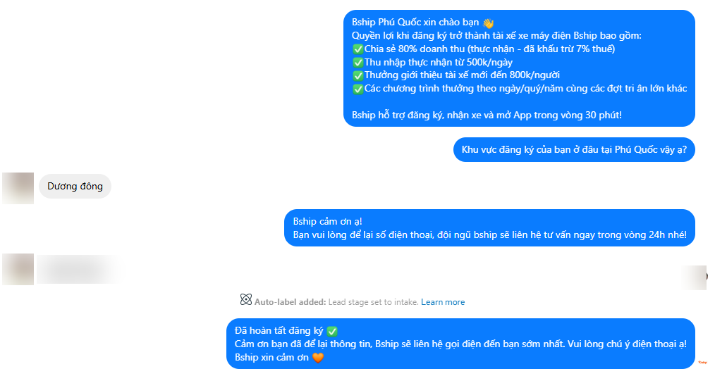 Automated chatbot consultation script capturing a driver’s phone number