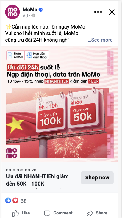Live Facebook ad post for NhanhTien mobile top-up offer