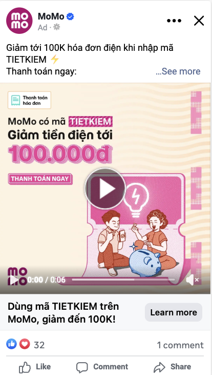 Live Facebook ad post for TIETKIEM electricity bill discount offer