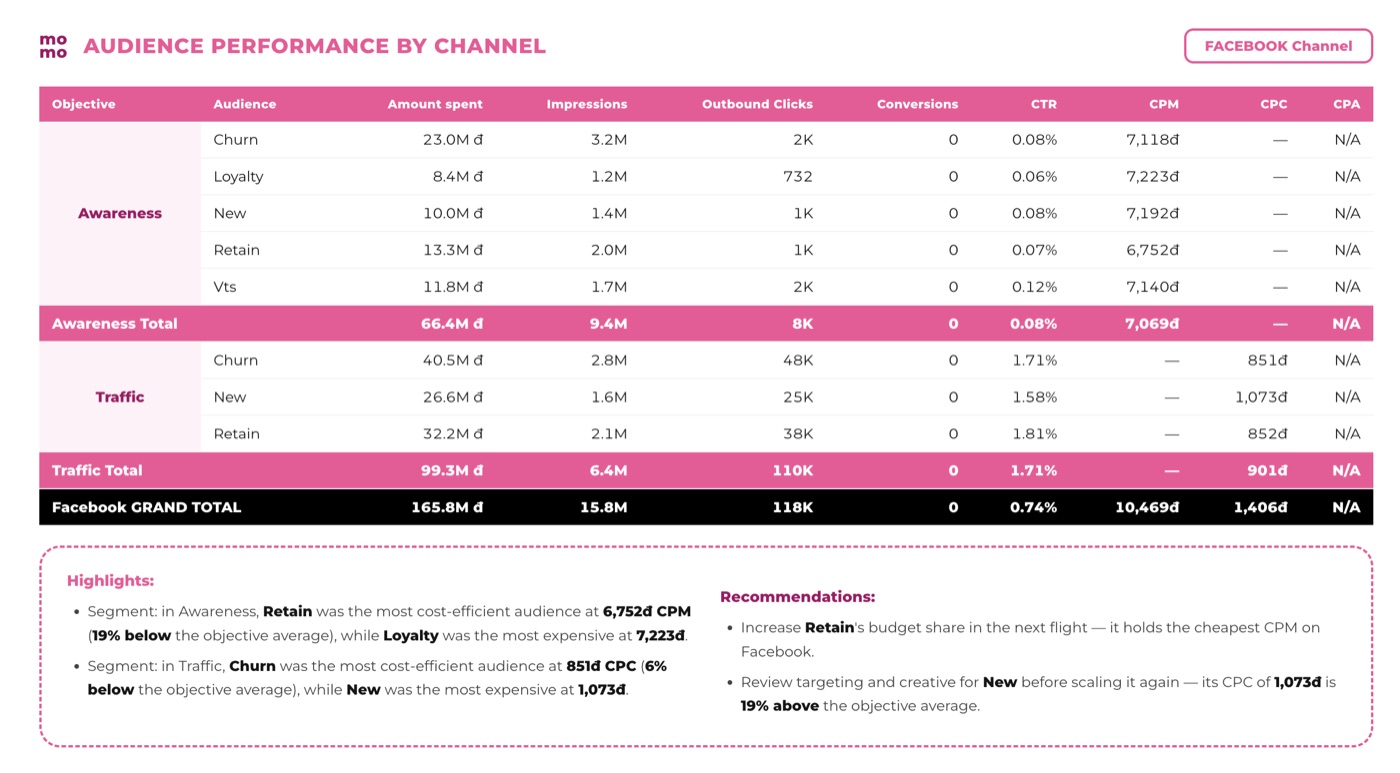AI-generated report — audience performance by channel