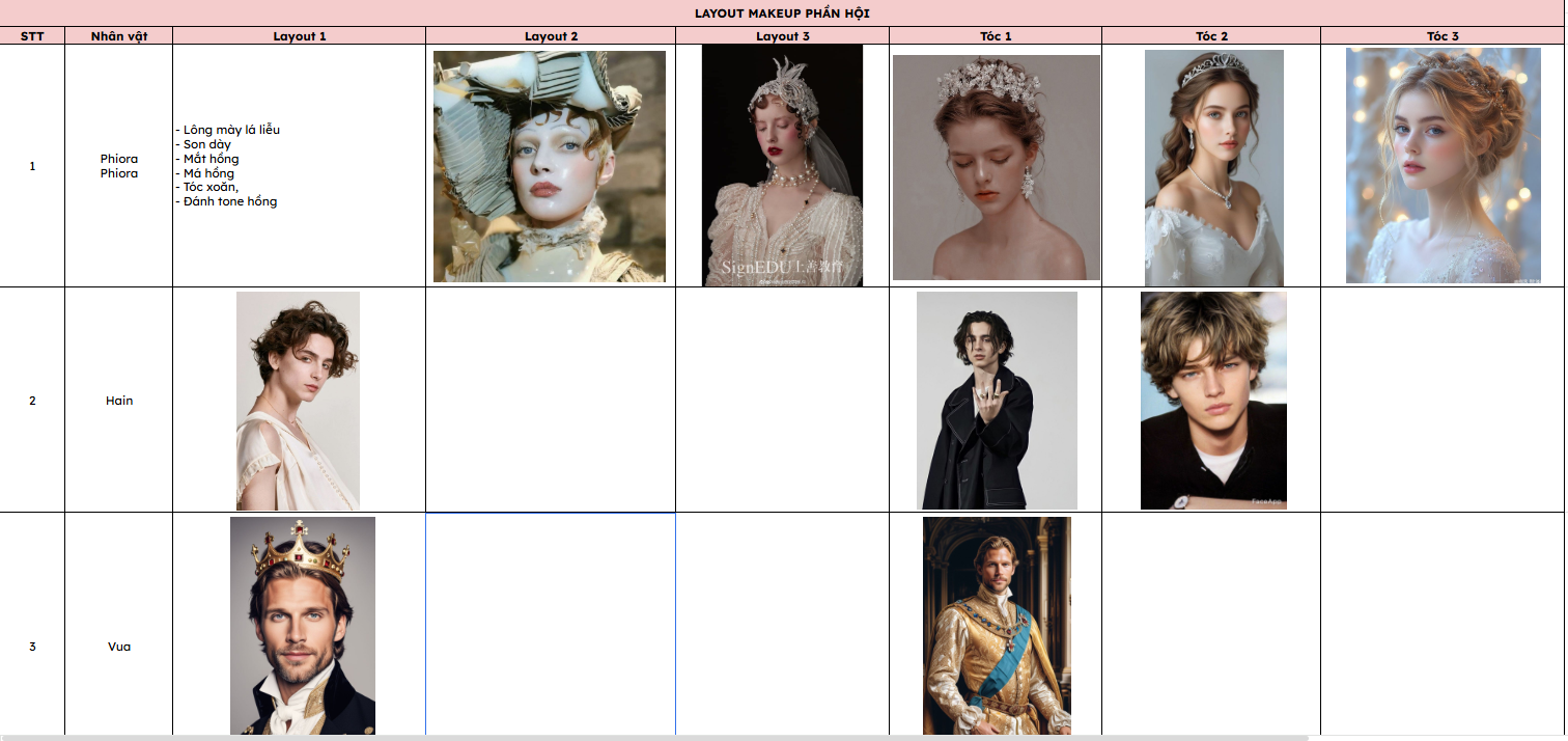 Costume and make-up layout board per character