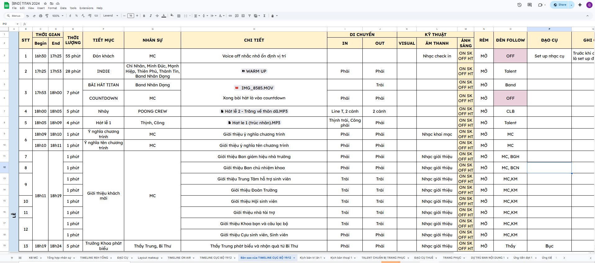 Event run-of-show timeline sheet
